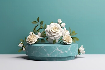 white roses blue stone podium render product presentation generative ai