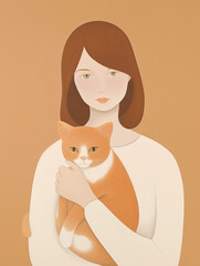 AI Generated Art Minimalistic Portrait of Caucasian white woman with Brown hair that holds a cat on a peach background