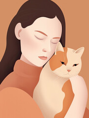 AI Generated Art Minimalistic Portrait of Caucasian white woman with Brown hair that holds a cat on a peach background while closing her eyes