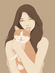 AI Generated Art Minimalistic Portrait of Caucasian white woman with Brown hair that holds a cat on a neutral peach background