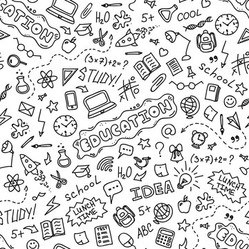 Hand drawn school seamless pattern with doodles icons set on white background. Education concept background. Vector illustration