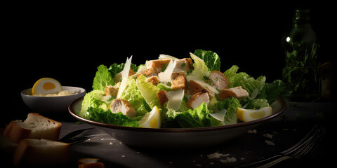Close up of Caesar salad on dark background with copy space. Restaurant caesar salad with parmesan cheese, fried chicken, breadcrumbs and green leaves. Generative AI professional photo imitation.