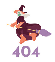 Witchcraft error 404 flash message. Evil witch flying on broomstick. Empty state ui design. Page not found popup cartoon image. Vector flat illustration concept on white background