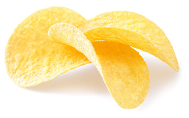 Delicious potato chips isolated on white background.