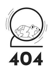 Cute hamster fast running in wheel black white error 404 flash message. Monochrome empty state ui design. Page not found popup cartoon image. Vector flat outline illustration concept