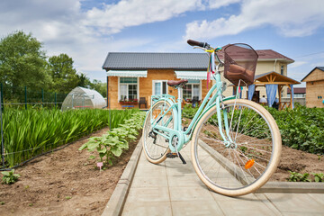 Retro bicycle with basket flowers. Flower field on the sunny morning. Beautiful flower seedlings growing in the soil at the garden. Gardening hobby concept.