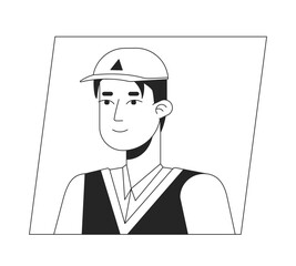 Young asian millennial in cap black white cartoon avatar icon. Editable 2D character user portrait, linear flat illustration. Vector face profile. Outline person head and shoulders