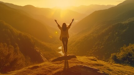 A woman with her arms outstretched, enjoying the sunrise in the mountains, Generative AI.