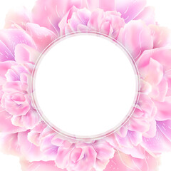 White round banner with pink photo realistic flowers. Spring season. Elegant luxury vector design. Floral circle frame for greeting card