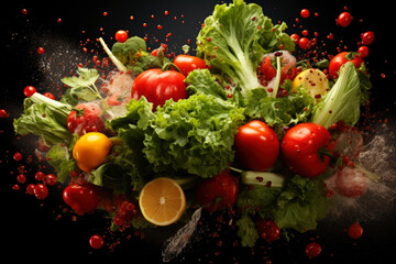 Fresh vegetables and fruits with water droplets exploding on black background, healthy eating concept, AI Generated