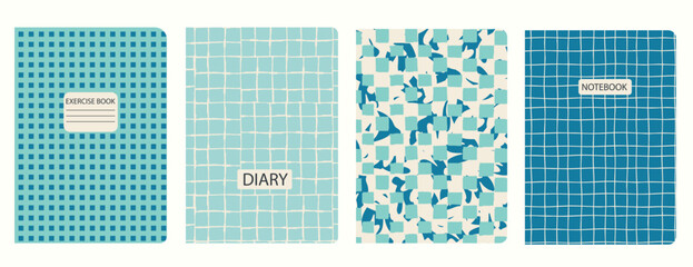 Set of cover bright page templates based on grid seamless patterns, spiral lines, plaid pattern. Plaid backgrounds for school notebooks, diaries. Headers isolated and replaceable