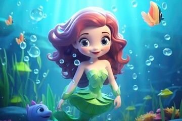 Obraz na płótnie Canvas 3d Cartoon Enchanted Underwater World with a Cheerful Mermaid generative AI