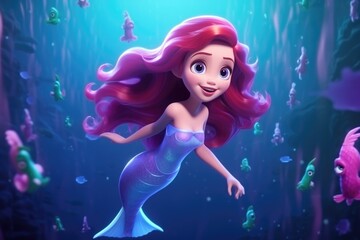 Obraz na płótnie Canvas 3d Cartoon Enchanted Underwater World with a Cheerful Mermaid generative AI