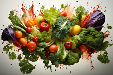 Fresh vegetables and fruits with water droplets exploding on white background, healthy eating concept, AI Generated