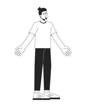 recommend clip art: Annoyed man throwing up hands flat line black white vector character. Editable outline full body person. Clueless bearded man shrugging simple cartoon isolated spot illustration for web graphic design