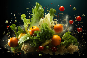 Fototapeta na wymiar Fresh vegetables and fruits with water droplets exploding on black background, healthy eating concept, AI Generated
