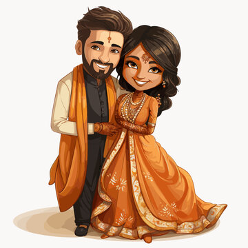 Indian couple hand-drawn comic illustration. Indian couple. Vector doodle style cartoon illustration