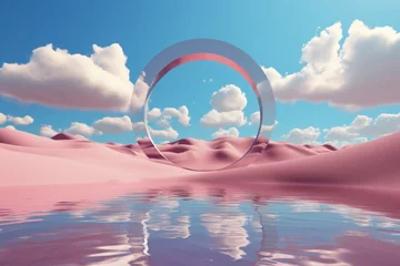 Foto auf Acrylglas Hell-pink Pink desert and circle ring with reflection in water 3d render