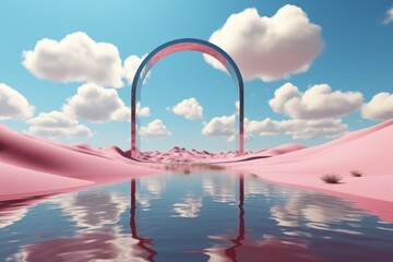 Pink arch in desert with clouds reflected in water 3d render