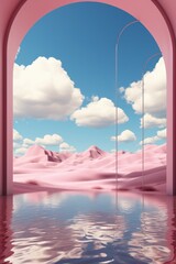 3D illustration of desert landscape with archway and clouds reflected in water