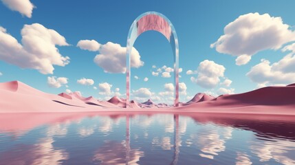 Pink arch in the desert with clouds reflected in the water. 3d render