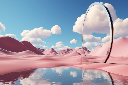 Pink arch in the desert with reflection in water. 3d render