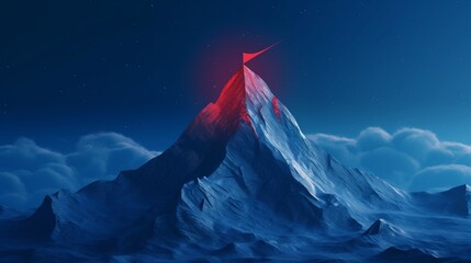A blue mountain with a red flag on top, Generative AI.