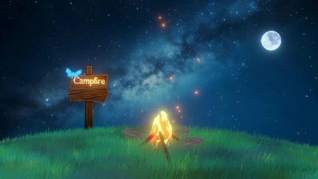 Campfire in the forest At night , Bonfire Burning On A Grassy Hill At Night, Campfire Lofi Animation, Fireplace In Nature 