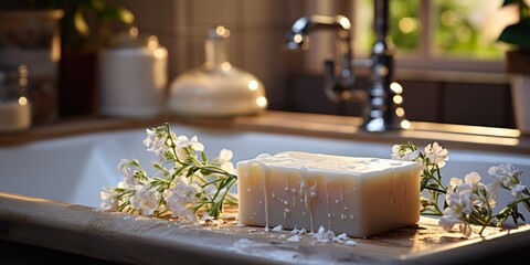 Obraz na płótnie Canvas AI Generated. AI Generative. Cosmetic organic spa relax wellness skin body care handmade soap bathroom organic clean therapy. Graphic Art