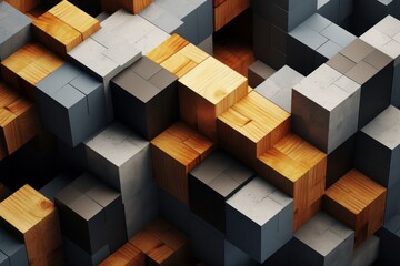 3d rendering of abstract geometric shape made of wooden cubes in studio