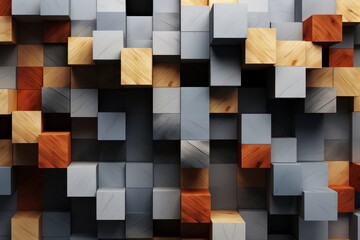 Abstract background made of wooden cubes. 3d render illustration with copy space