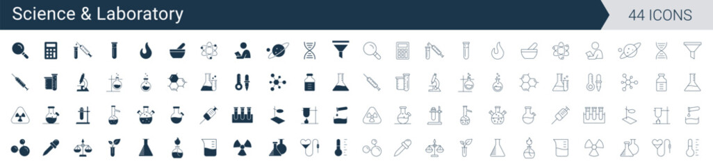 Science and Laboratory Icon Set. Chemistry and microbiology lab research, glassware, beakers, test tube, outline and solid style vector