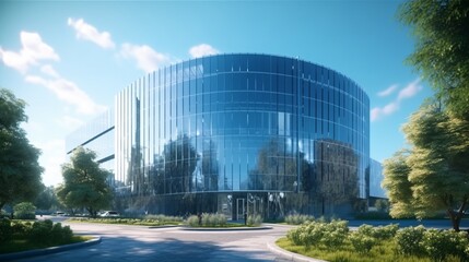 Fototapeta na wymiar AI-generated corporate headquarters or a large office building set against a blue sky, Generative AI.