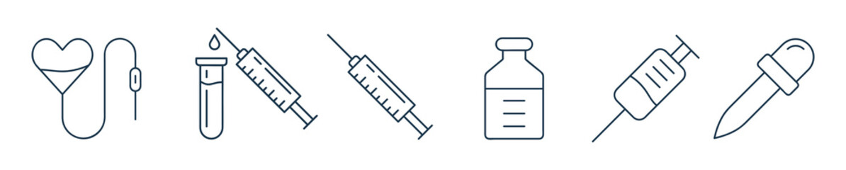 Medical equipment icon set. Syringe, vaccine, blood beg outline vector