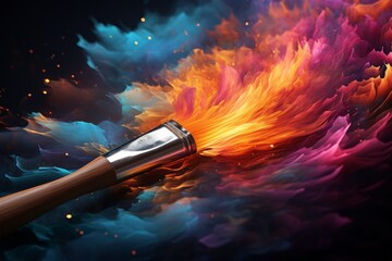 Paint brush with colorful paint splashes and fire flames on black background