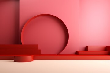 Abstract minimal scene with red podium and round frame. 3d render