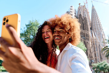 Couple of tourist taking selfie in Barcelona, Spain