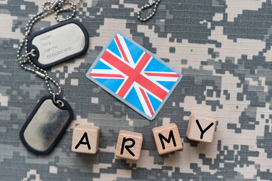 Military ID tags and US army patches on camouflage background