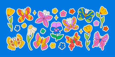 Set of cute stickers with butterflies and flowers. Vector illustration in groovy psychedelic style. Kidcore aesthetic