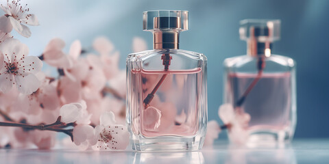 Fresh spring romantic image stylish transparent glass perfume bottles Stylish parfumerie banner with generative AI technology - obrazy, fototapety, plakaty