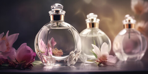Obraz na płótnie Canvas Fresh spring romantic image stylish transparent glass perfume bottles Stylish parfumerie banner with generative AI technology