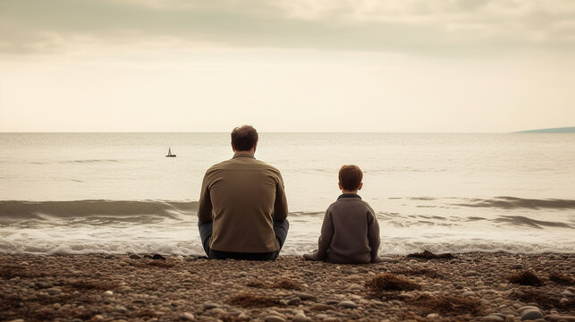 Fathers day, father and son sitting in sand, back view, sunset, sea, generative ai