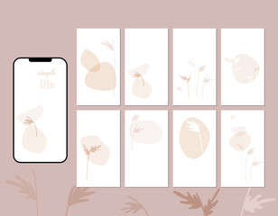 Social media story layout in shades of delicate pastel beige and pale brown. Modern illustrations with abstract shapes, flower stems with leaves, spots.