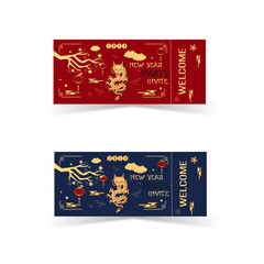 Ticket, invite new year 2024 the dragon zodiac sign with clouds, dragon, lantern,asian elements gold red color background. Year of the dragon.New Year banners, posters, newsletters.2024 Lunar New Year