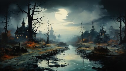 Fototapeta na wymiar Spooky Halloween Night Watercolor Background, Mysterious House, Forest, and Full Moon, A Perfect Setting for Haunted Festivities, Ai generative 