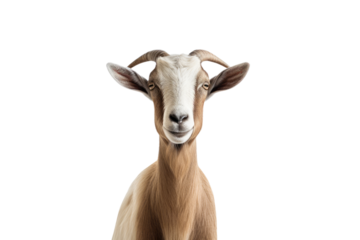 Frontal view of a goat, isolated, white background, generative ai