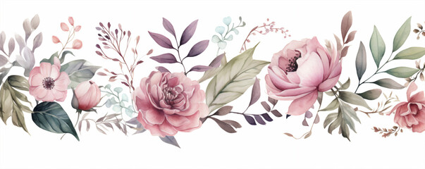 Watercolor vector floral seamless border with roses, leaves and branches. - obrazy, fototapety, plakaty