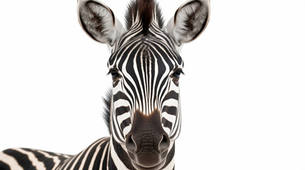 Close-up portrait of a zebra isolated on a white background