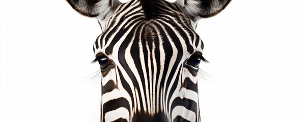 Close-up portrait of a zebra isolated on a white background