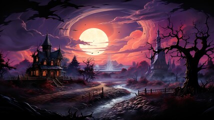Spooky Halloween Night Watercolor Background, Mysterious House, Forest, and Full Moon, A Perfect Setting for Haunted Festivities, Ai generative
